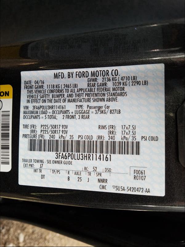 Photo 9 VIN: 3FA6P0LU3HR114161 - FORD FUSION SE 