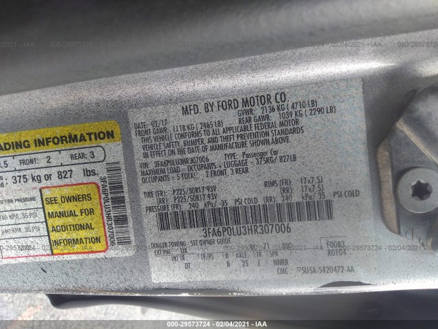 Photo 8 VIN: 3FA6P0LU3HR307006 - FORD FUSION 