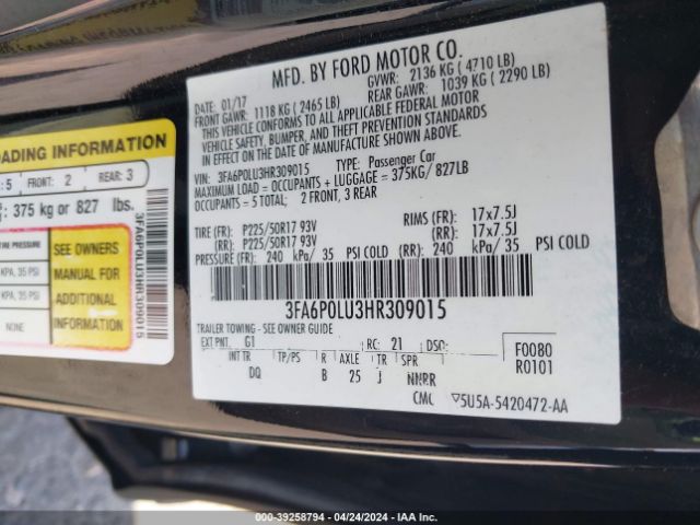 Photo 8 VIN: 3FA6P0LU3HR309015 - FORD FUSION HYBRID 