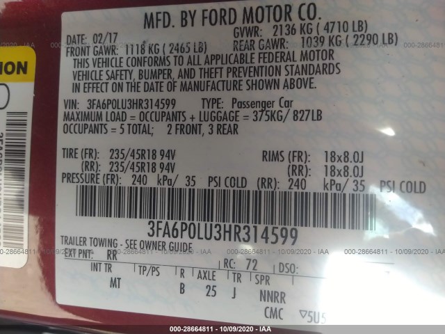 Photo 8 VIN: 3FA6P0LU3HR314599 - FORD FUSION 