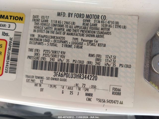 Photo 8 VIN: 3FA6P0LU3HR344220 - FORD FUSION 