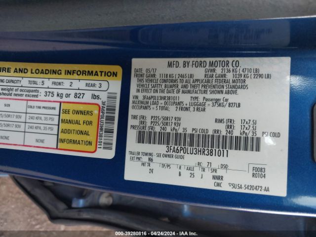 Photo 8 VIN: 3FA6P0LU3HR381011 - FORD FUSION HYBRID 