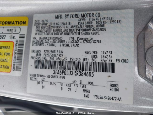 Photo 8 VIN: 3FA6P0LU3HR384605 - FORD FUSION HYBRID 