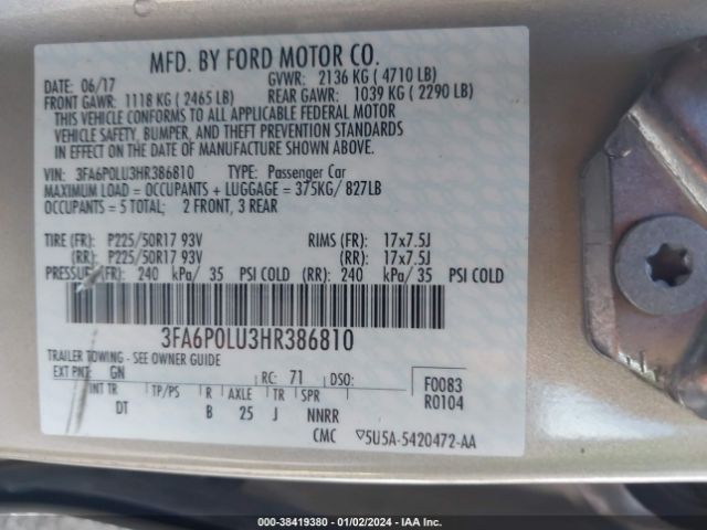 Photo 8 VIN: 3FA6P0LU3HR386810 - FORD FUSION HYBRID 