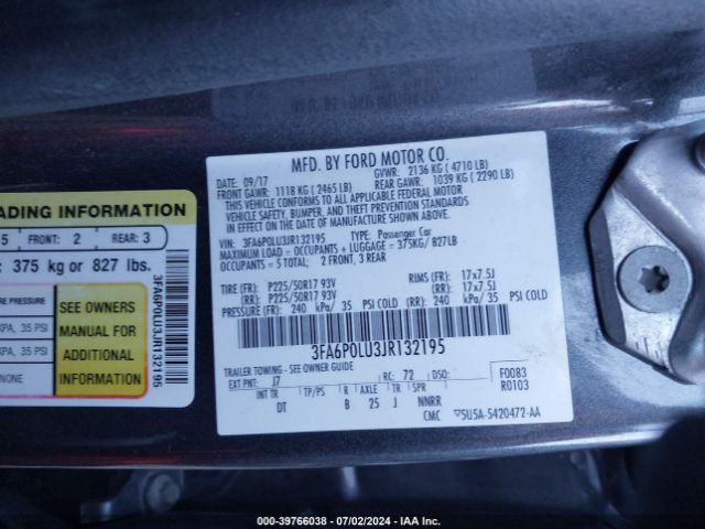 Photo 8 VIN: 3FA6P0LU3JR132195 - FORD FUSION 