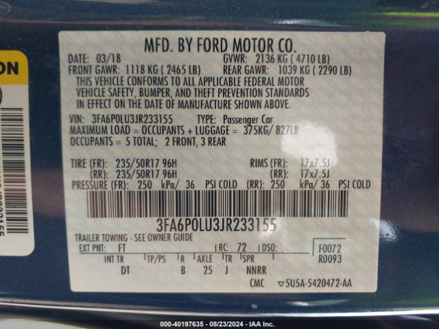 Photo 8 VIN: 3FA6P0LU3JR233155 - FORD FUSION 