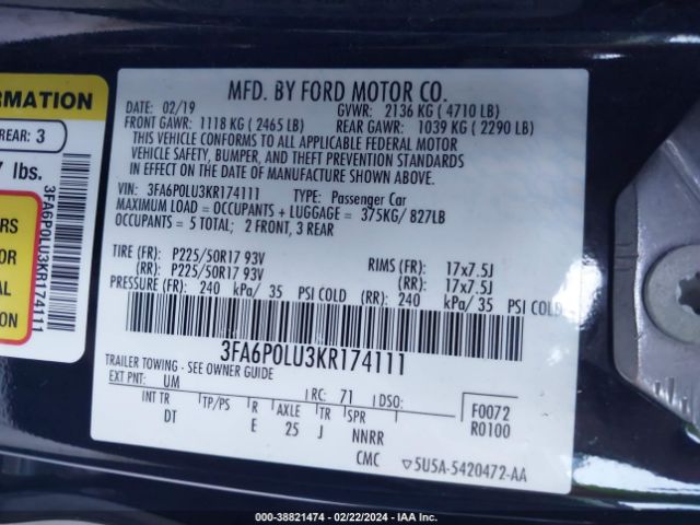 Photo 8 VIN: 3FA6P0LU3KR174111 - FORD FUSION HYBRID 