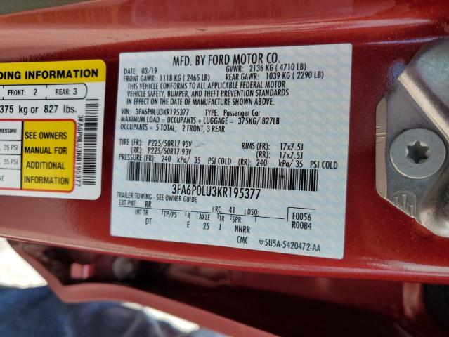 Photo 12 VIN: 3FA6P0LU3KR195377 - FORD FUSION SE 