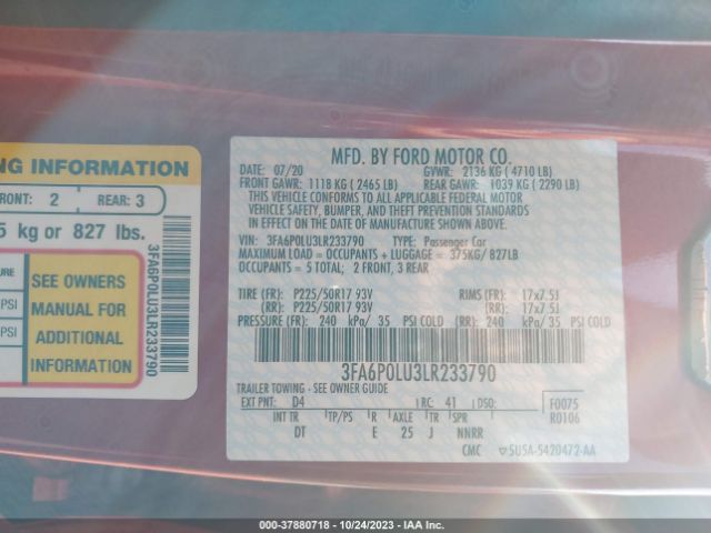 Photo 8 VIN: 3FA6P0LU3LR233790 - FORD FUSION 