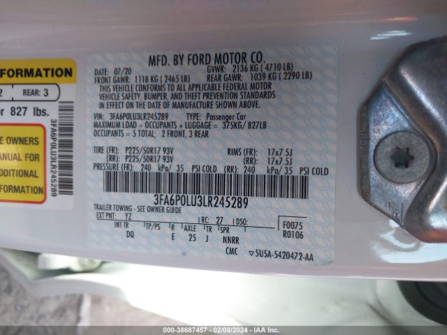 Photo 8 VIN: 3FA6P0LU3LR245289 - FORD FUSION 