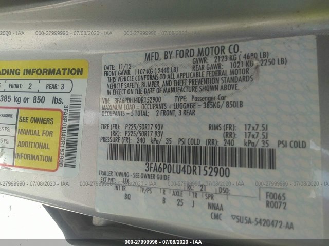 Photo 8 VIN: 3FA6P0LU4DR152900 - FORD FUSION 