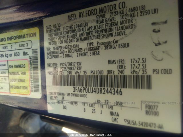 Photo 8 VIN: 3FA6P0LU4DR244346 - FORD FUSION 