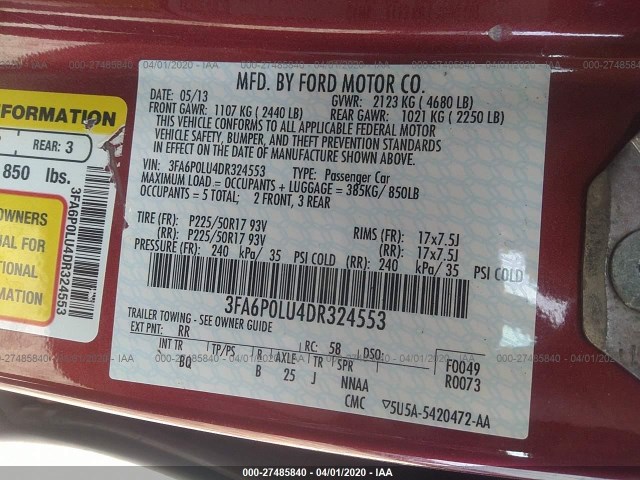 Photo 8 VIN: 3FA6P0LU4DR324553 - FORD FUSION 