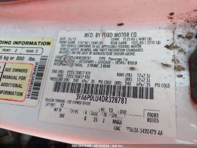 Photo 8 VIN: 3FA6P0LU4DR328781 - FORD FUSION 