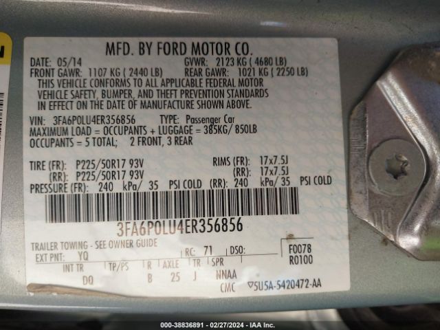 Photo 8 VIN: 3FA6P0LU4ER356856 - FORD FUSION HYBRID 