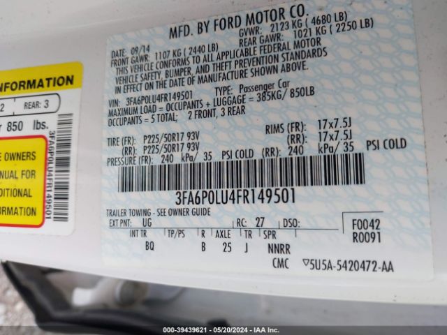 Photo 8 VIN: 3FA6P0LU4FR149501 - FORD FUSION 