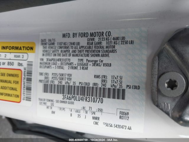 Photo 8 VIN: 3FA6P0LU4FR310770 - FORD FUSION 