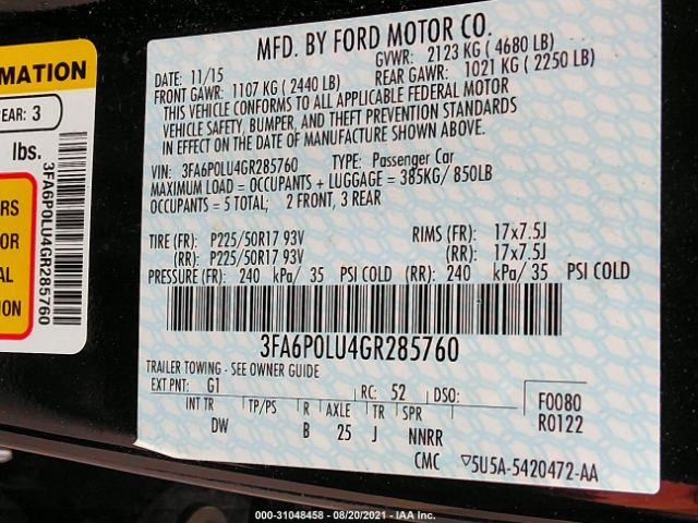 Photo 8 VIN: 3FA6P0LU4GR285760 - FORD FUSION 