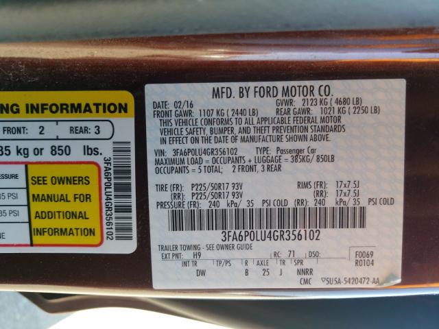 Photo 9 VIN: 3FA6P0LU4GR356102 - FORD FUSION SE 