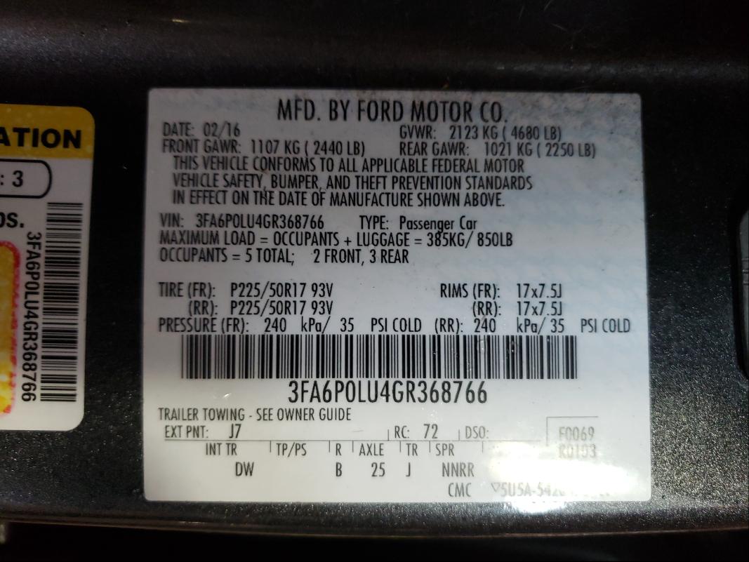 Photo 9 VIN: 3FA6P0LU4GR368766 - FORD FUSION SE 