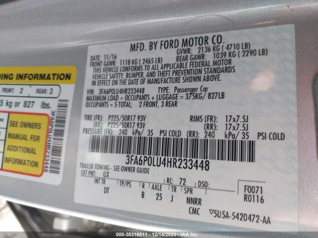 Photo 8 VIN: 3FA6P0LU4HR233448 - FORD FUSION 