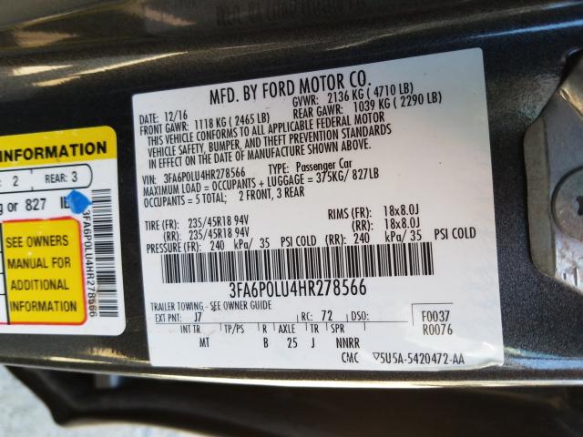 Photo 9 VIN: 3FA6P0LU4HR278566 - FORD FUSION SE 