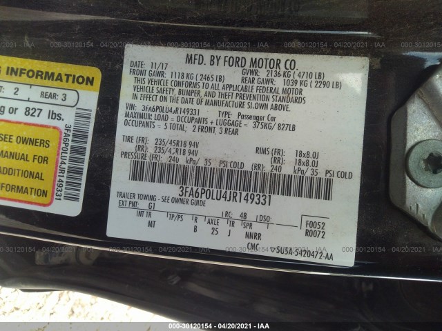 Photo 8 VIN: 3FA6P0LU4JR149331 - FORD FUSION HYBRID 