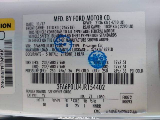 Photo 8 VIN: 3FA6P0LU4JR154402 - FORD FUSION 