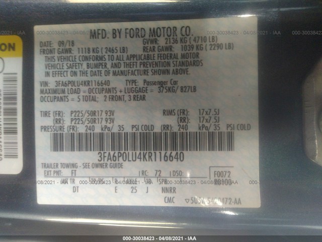 Photo 8 VIN: 3FA6P0LU4KR116640 - FORD FUSION HYBRID 