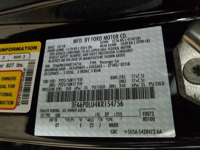 Photo 9 VIN: 3FA6P0LU4KR154756 - FORD FUSION SE 