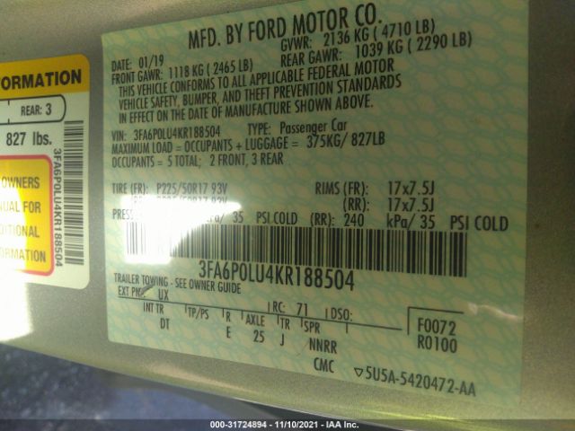 Photo 8 VIN: 3FA6P0LU4KR188504 - FORD FUSION 