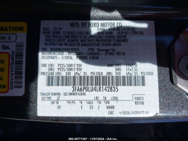 Photo 8 VIN: 3FA6P0LU4LR142835 - FORD FUSION 