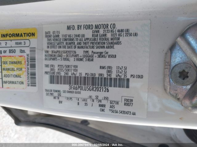 Photo 8 VIN: 3FA6P0LU5GR202126 - FORD FUSION HYBRID 