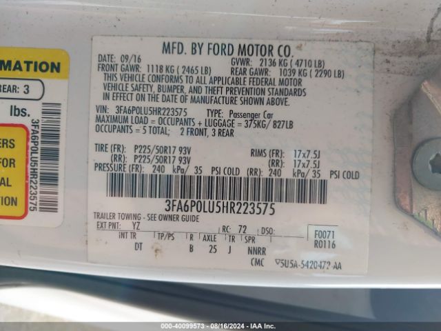 Photo 8 VIN: 3FA6P0LU5HR223575 - FORD FUSION 