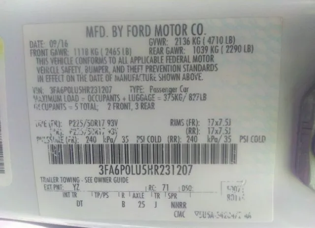 Photo 8 VIN: 3FA6P0LU5HR231207 - FORD FUSION 