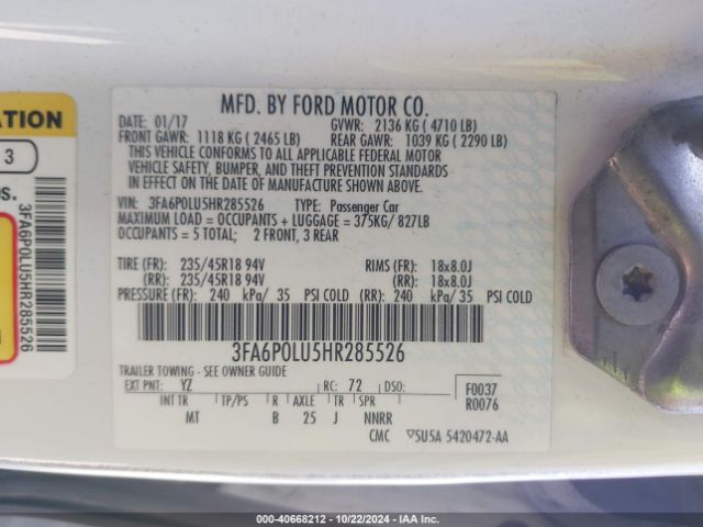 Photo 8 VIN: 3FA6P0LU5HR285526 - FORD FUSION 