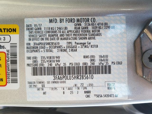 Photo 9 VIN: 3FA6P0LU5HR285610 - FORD FUSION SE 