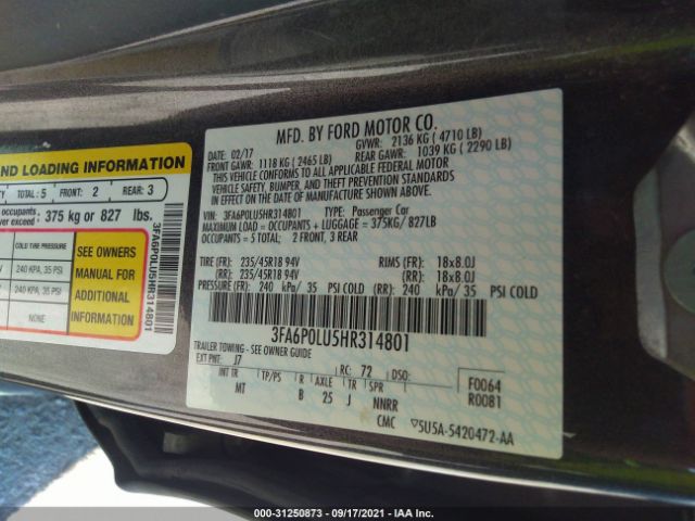 Photo 8 VIN: 3FA6P0LU5HR314801 - FORD FUSION 