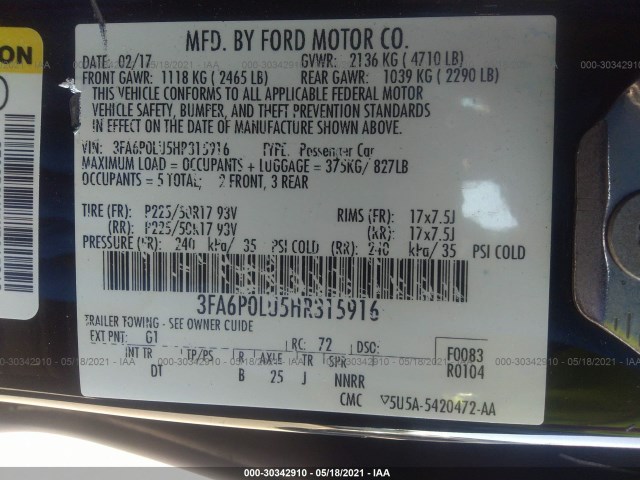 Photo 8 VIN: 3FA6P0LU5HR315916 - FORD FUSION 