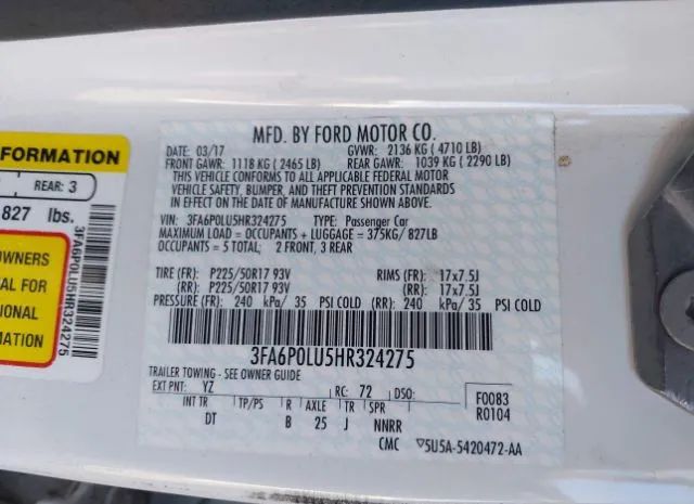 Photo 8 VIN: 3FA6P0LU5HR324275 - FORD FUSION 