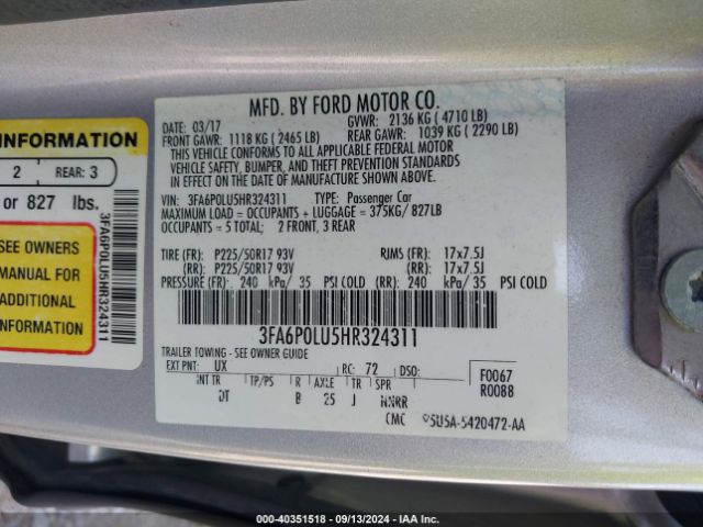 Photo 8 VIN: 3FA6P0LU5HR324311 - FORD FUSION 