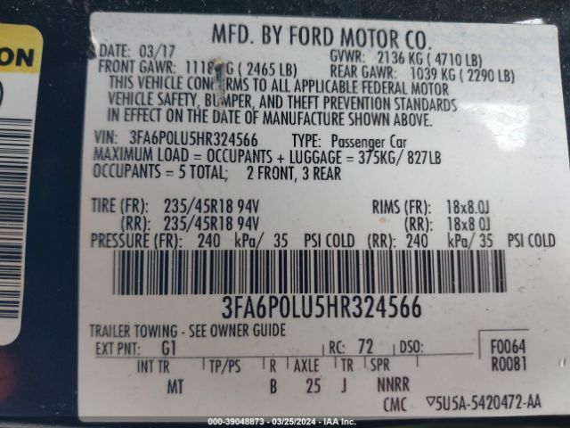 Photo 8 VIN: 3FA6P0LU5HR324566 - FORD FUSION HYBRID 