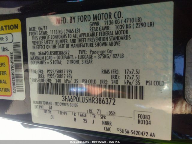 Photo 8 VIN: 3FA6P0LU5HR386372 - FORD FUSION 