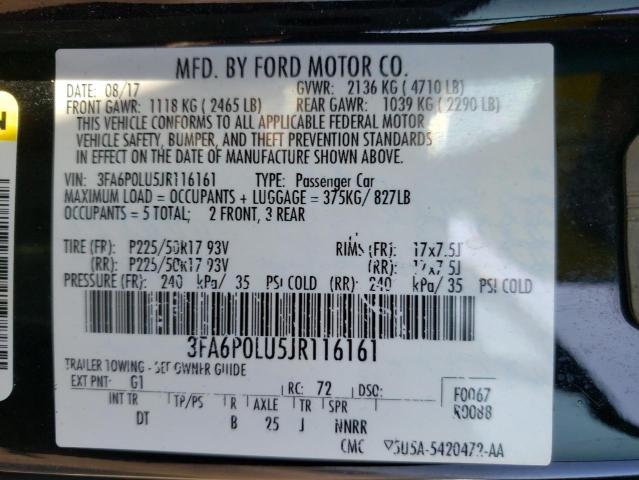 Photo 9 VIN: 3FA6P0LU5JR116161 - FORD FUSION SE 