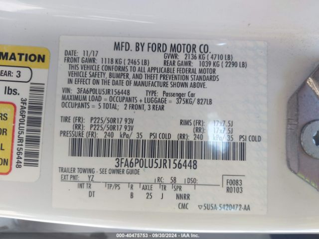 Photo 8 VIN: 3FA6P0LU5JR156448 - FORD FUSION 