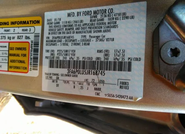 Photo 8 VIN: 3FA6P0LU5JR168745 - FORD FUSION HYBRID 