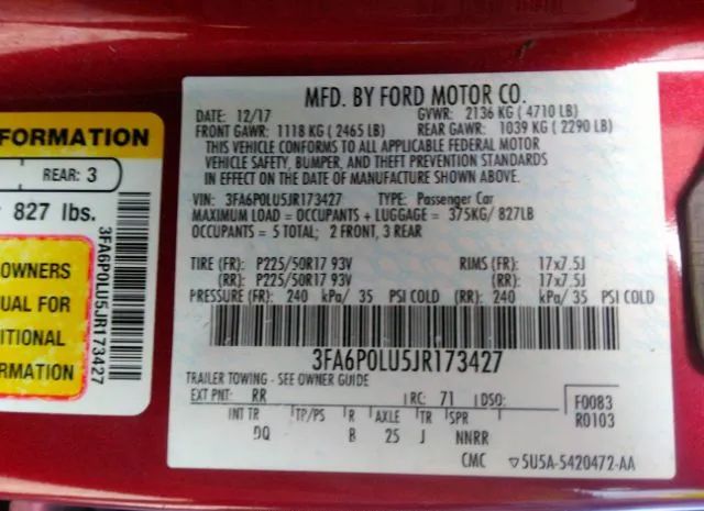 Photo 8 VIN: 3FA6P0LU5JR173427 - FORD FUSION 