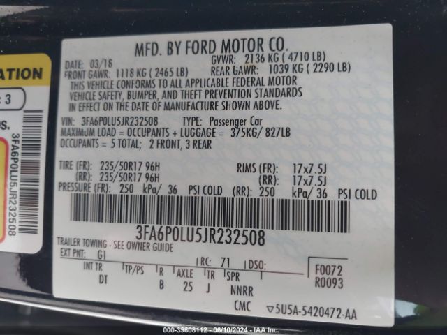 Photo 8 VIN: 3FA6P0LU5JR232508 - FORD FUSION 