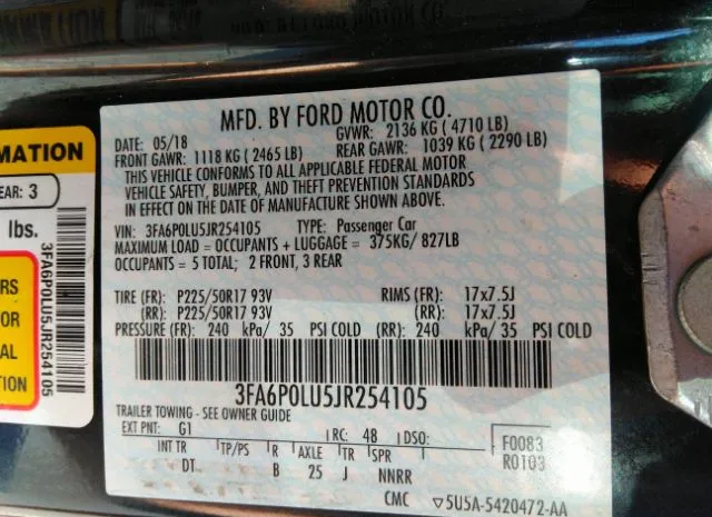 Photo 8 VIN: 3FA6P0LU5JR254105 - FORD FUSION HYBRID 