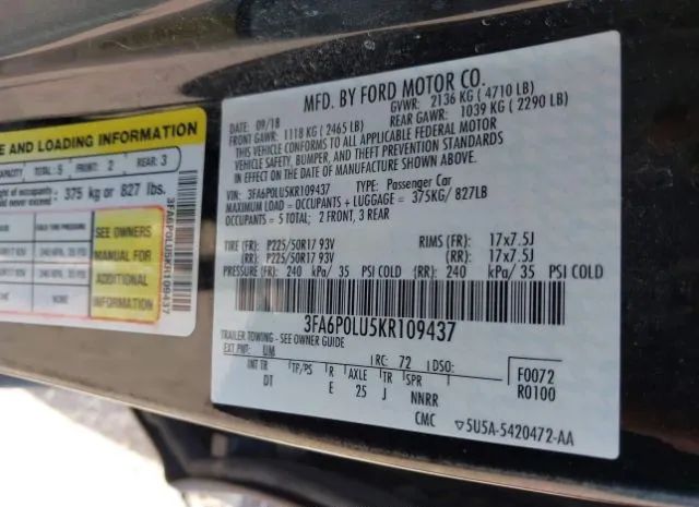 Photo 8 VIN: 3FA6P0LU5KR109437 - FORD FUSION 